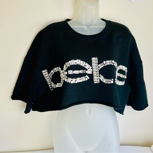 Bebe Black Oversized Cropped Sweatshirt Bling Rhinestones XS
